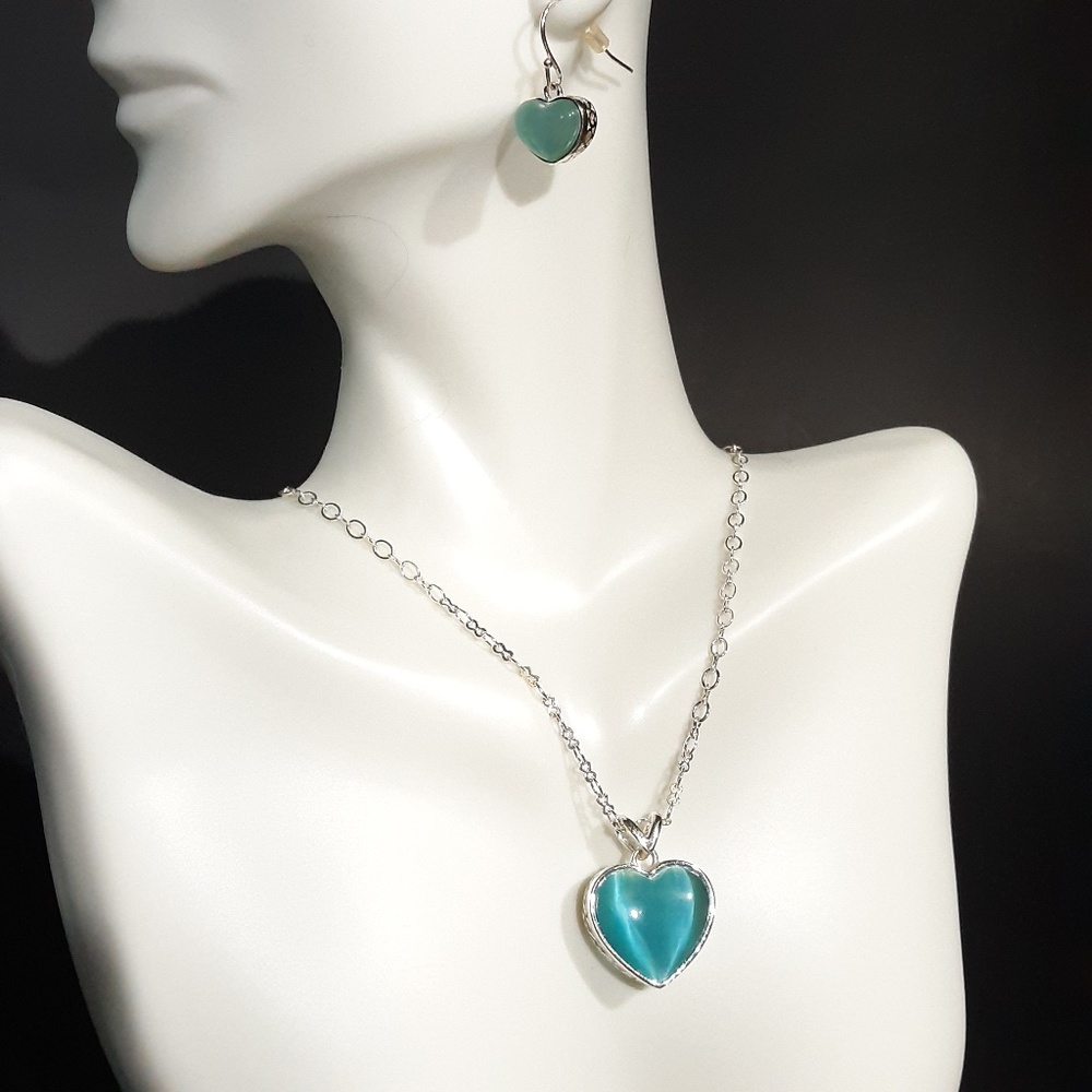Moonstone Heart Necklace Earring Set Blue Aqua